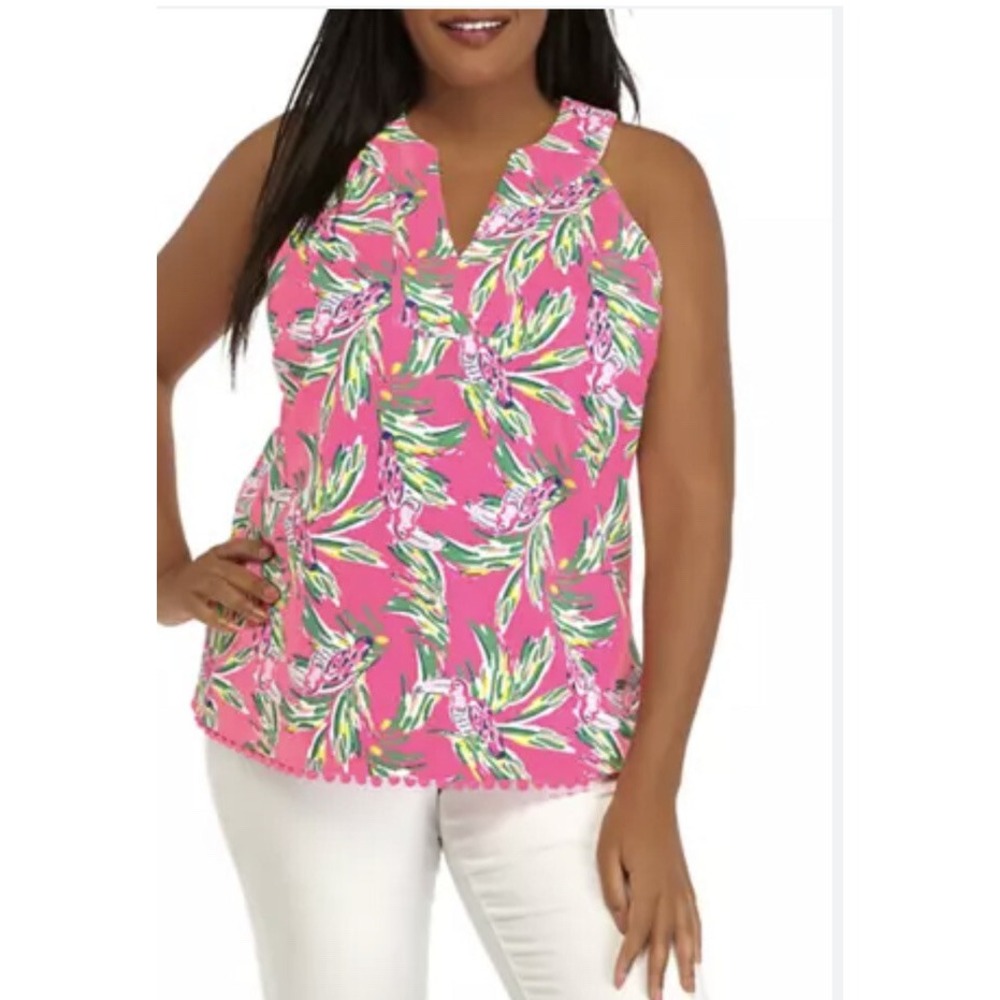 Crown & Ivy Sleeveless Pink Tropical Bird Print Pom Pom Hem Top 2x New Nwt